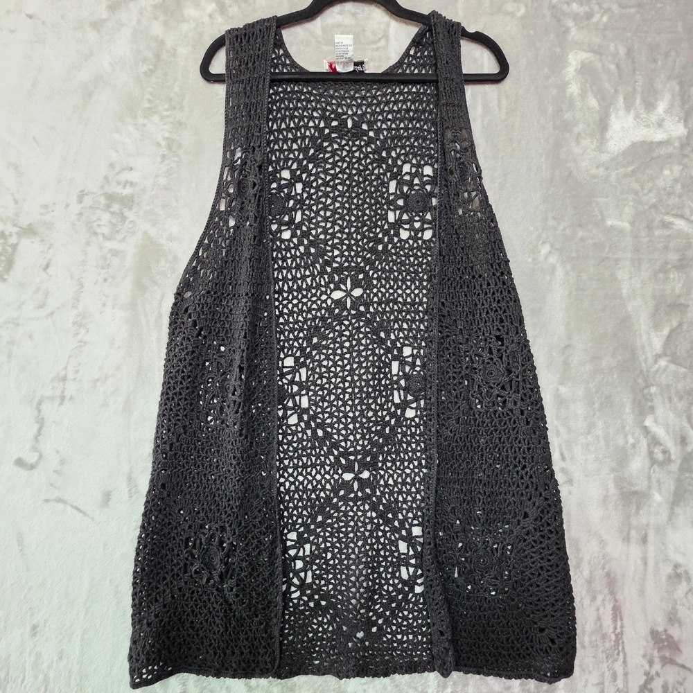 Vintage Brandon Crochet Knit Vest Charcoal Grey Ramie Cotton Longline Large